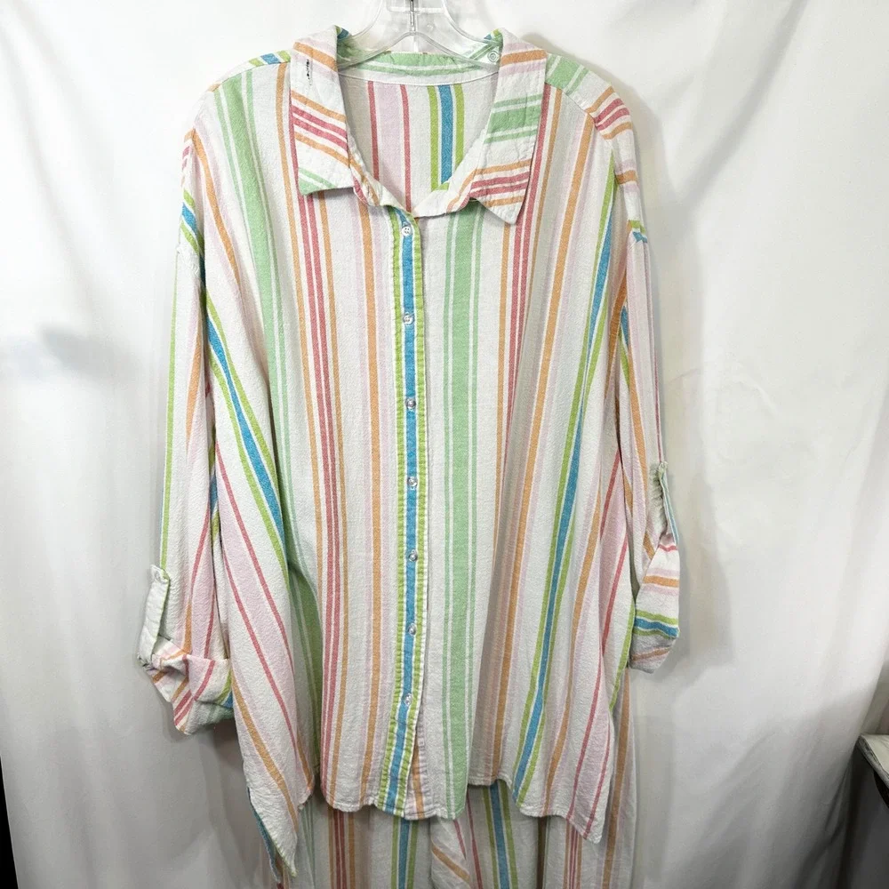 Woman Within Plus Size 30/32 Linen Set 3X Striped Linen Shirt Pants‎ Top White C - Picture 3 of 15